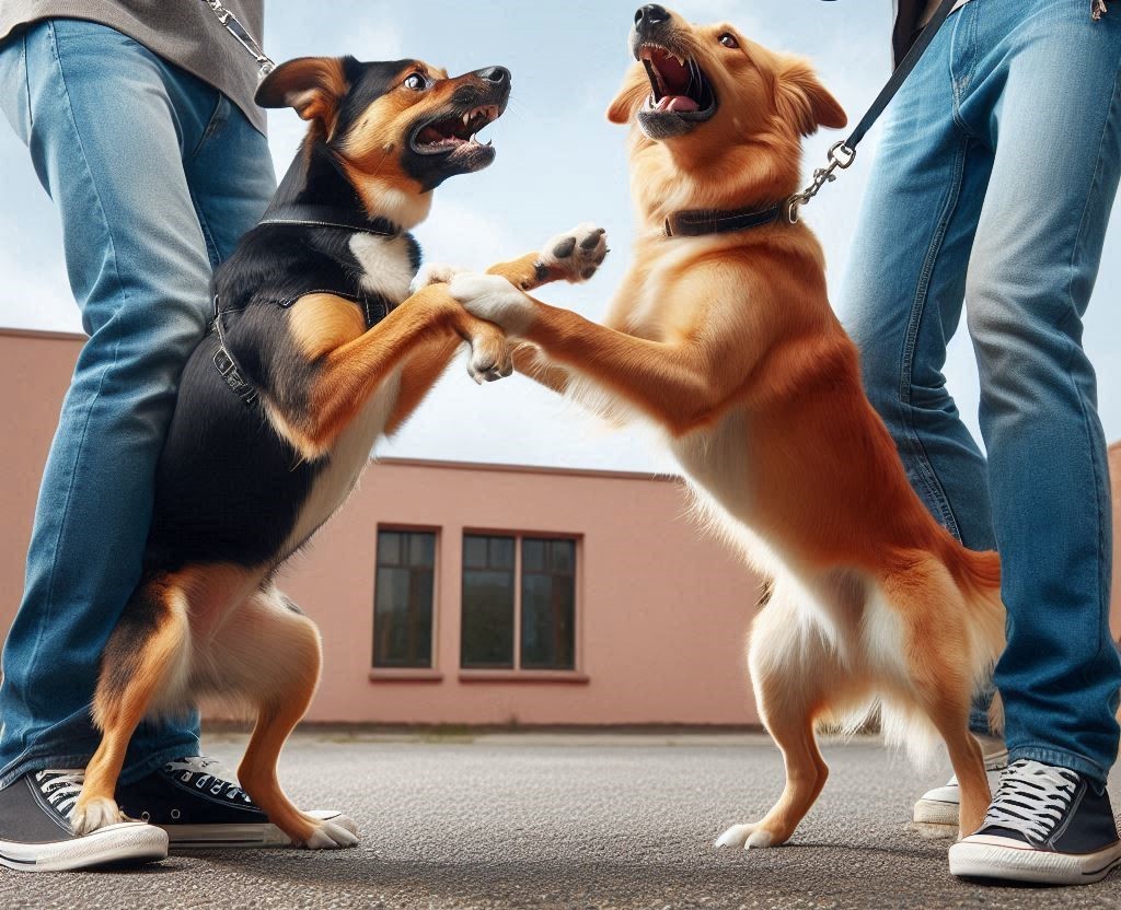 Zwei Hunde stehen sich angeleint zähnefletschend gegenüber - KI generiertes Bild