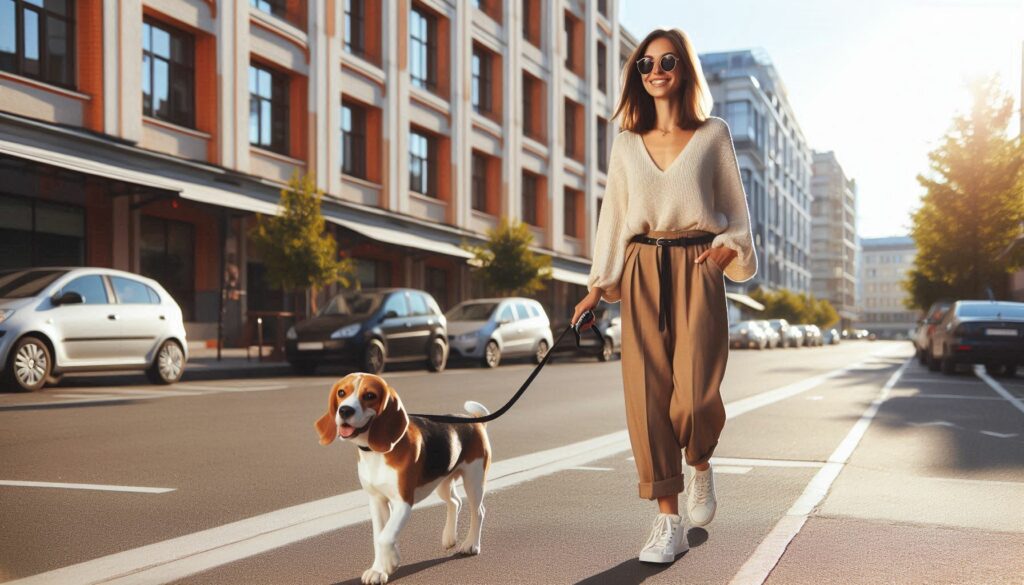 A kaukasian woman walking a happy beagle on a really loose leash on a sidewalk in urban style background -KI generiert